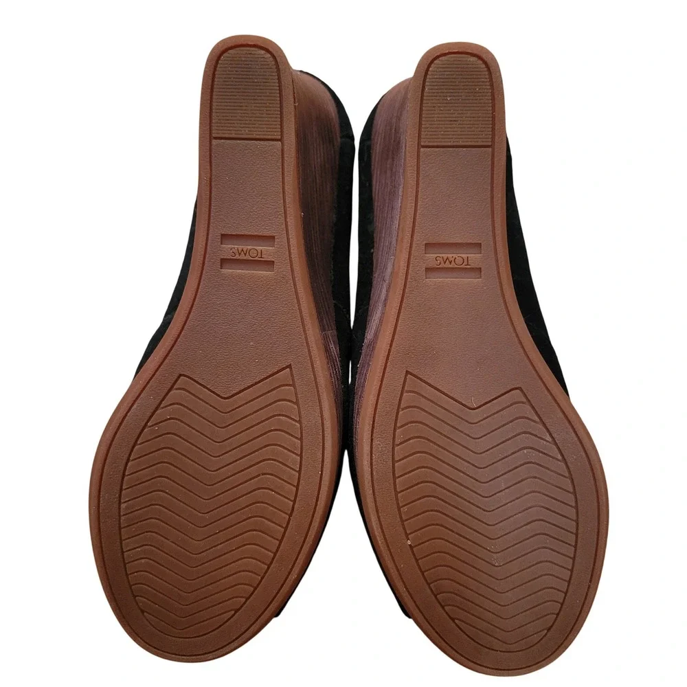 TOMS 7 Black‎ Suede Desert Wedge Peep Toe High Heels Shoes MICHELLE Espadrille